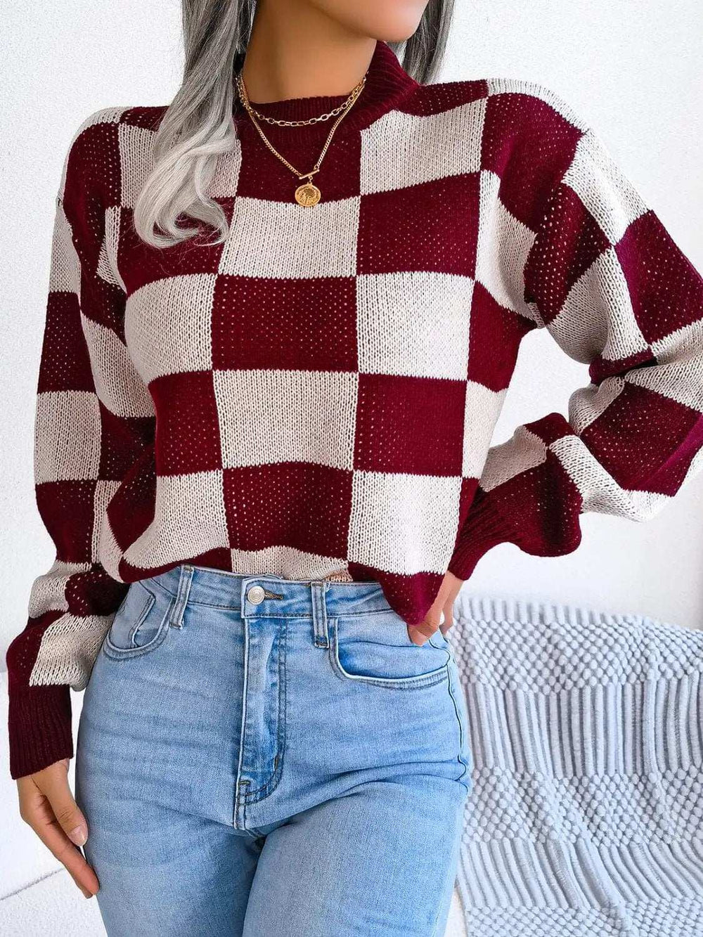 Checkered Mock Neck Long Sleeve Sweater - Trendsi - Flyclothing LLC