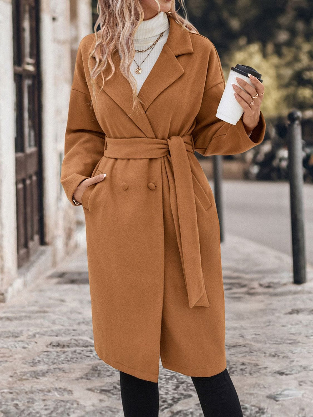 Perfee Dropped Shoulder Tie Waist Coat - Trendsi