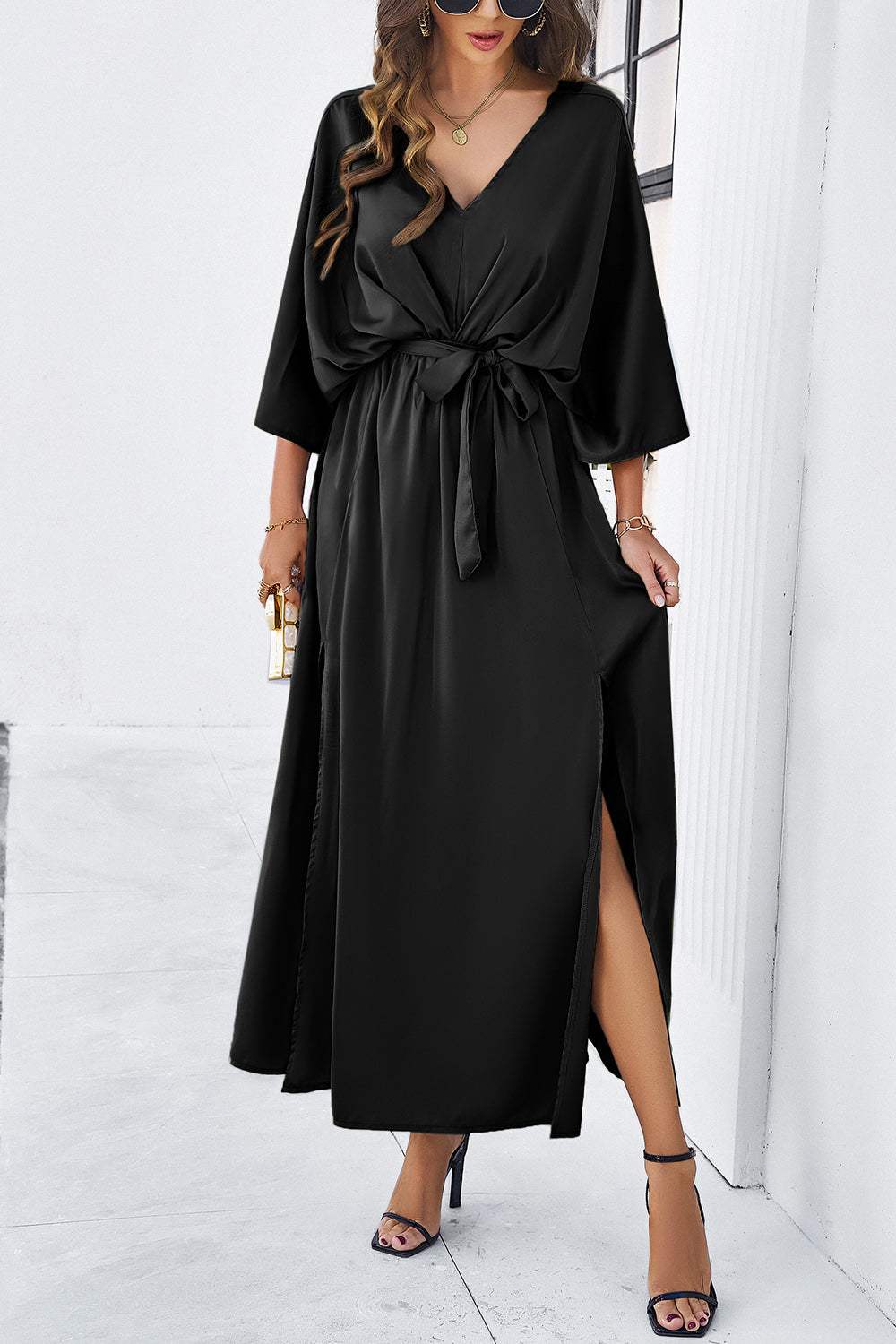 Slit Tied V-Neck Three-Quarter Sleeve Dress - Trendsi - Flyclothing LLC