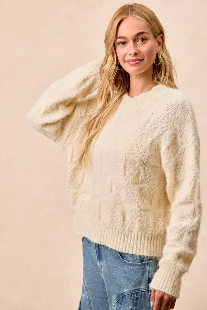 BiBi Checker Board Drop Shoulder Sweater - Trendsi - Flyclothing LLC