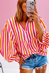 Striped Notched Flounce Sleeve Blouse - Trendsi - Flyclothing LLC