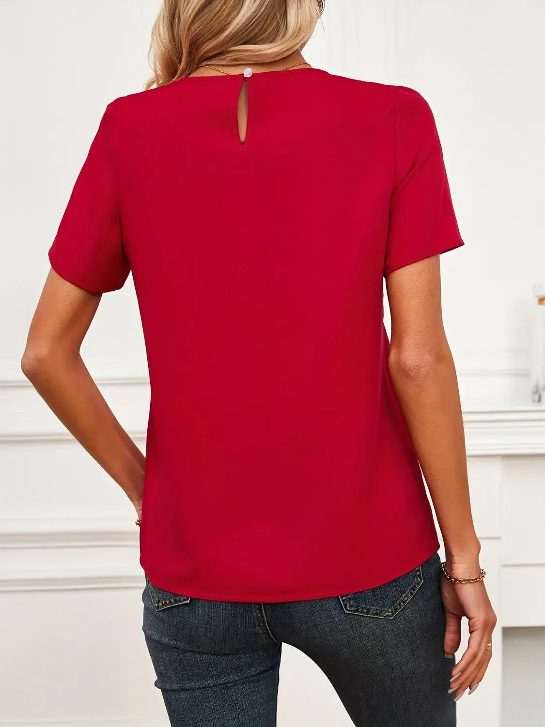 Lace Mesh Panel Short Sleeve Blouse - Trendsi - Flyclothing LLC
