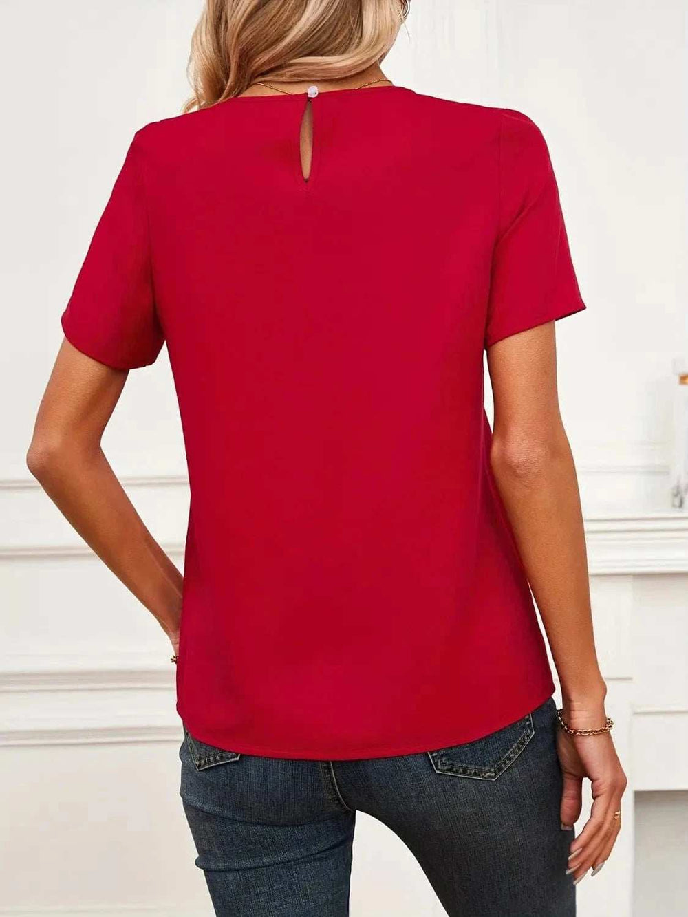 Lace Mesh Panel Short Sleeve Blouse - Trendsi - Flyclothing LLC