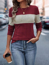 Color Block Round Neck Long Sleeve Top - Trendsi - Flyclothing LLC