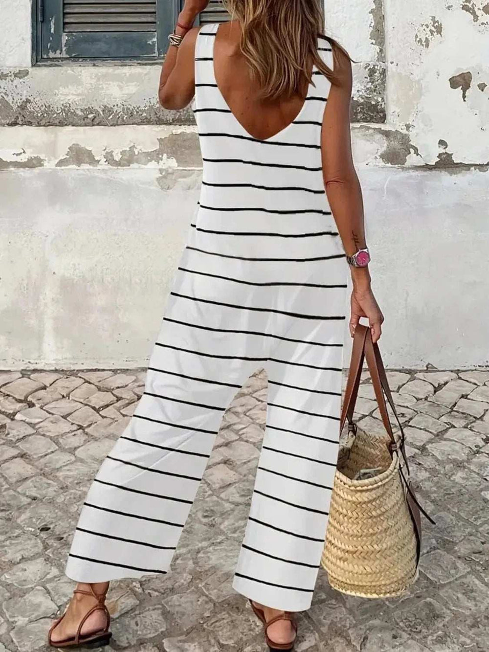 Striped Round Neck Wide Leg Jumpsuit - Trendsi - Flyclothing LLC