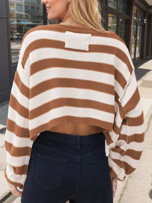 Striped Dropped Shoulder Long Sleeve Sweater - Trendsi - Flyclothing LLC