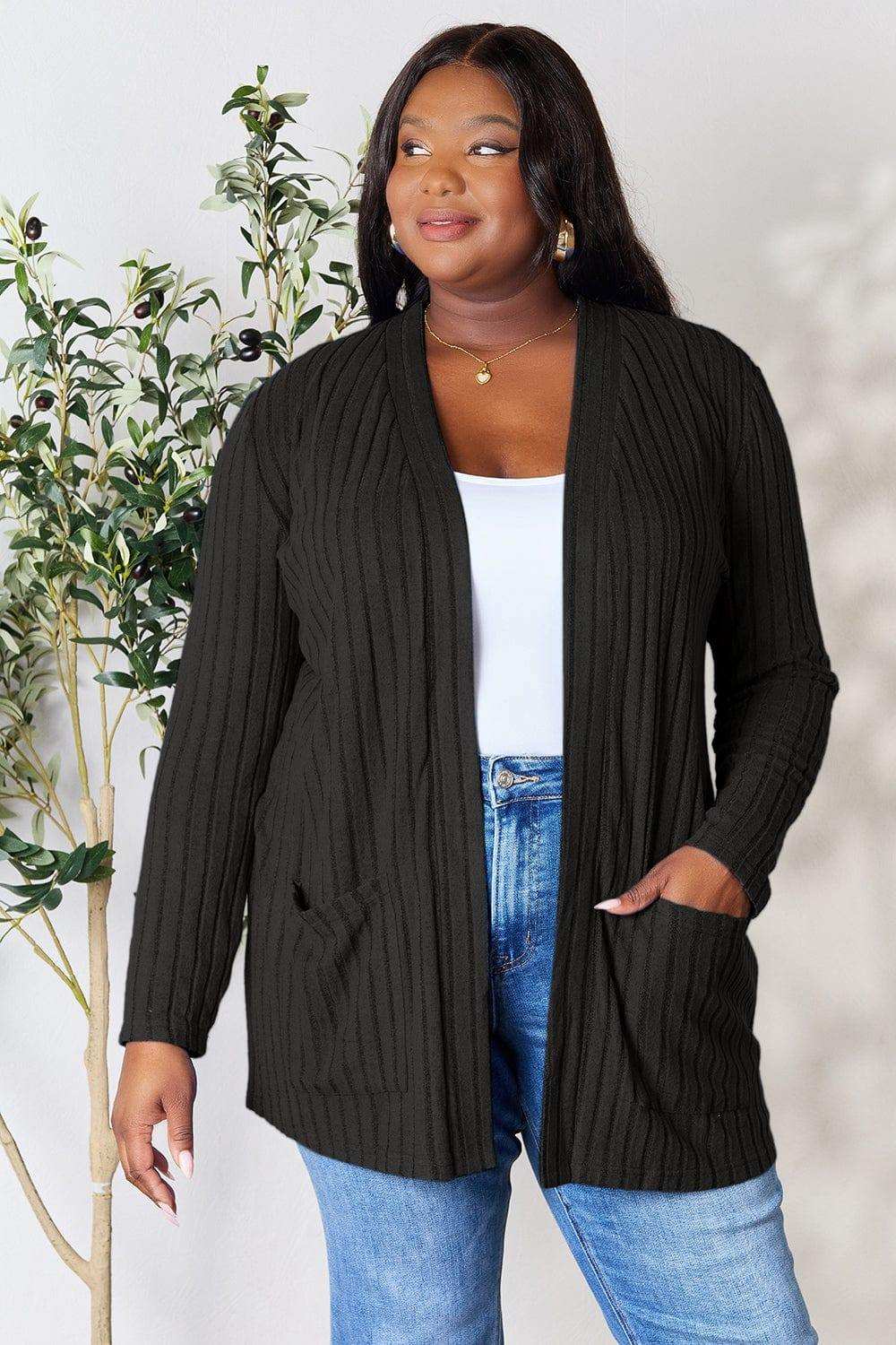 Basic Bae Full Size Ribbed Open Front Cardigan with Pockets - Trendsi - Flyclothing LLC