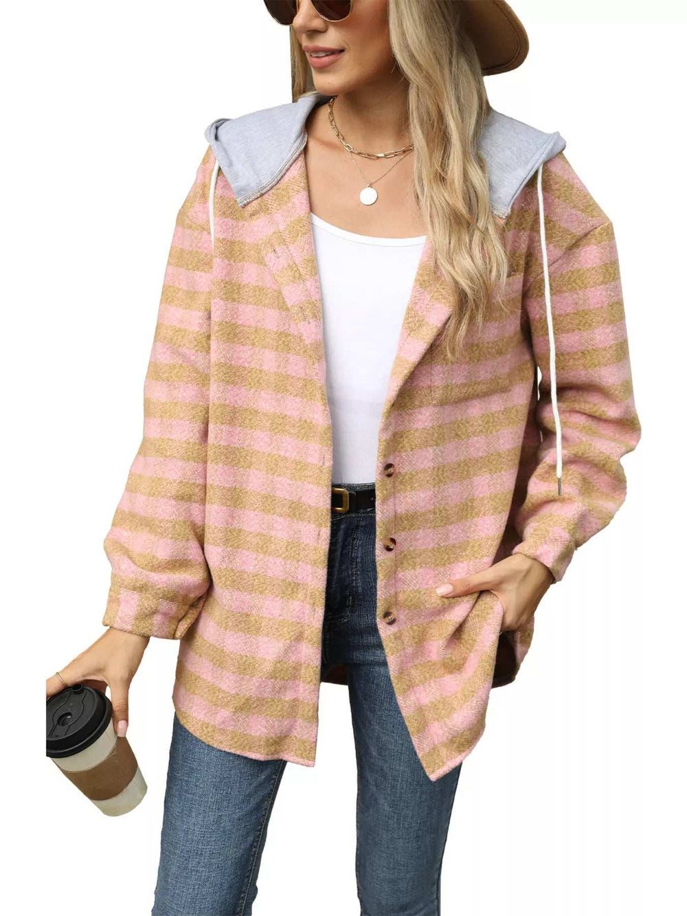 Plaid Button Up Long Sleeve Drawstring Hooded Jacket - Trendsi - Flyclothing LLC