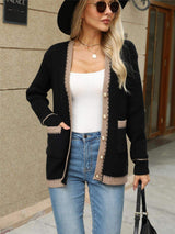 Contrast Trim Button Up Long Sleeve Cardigan - Trendsi - Flyclothing LLC
