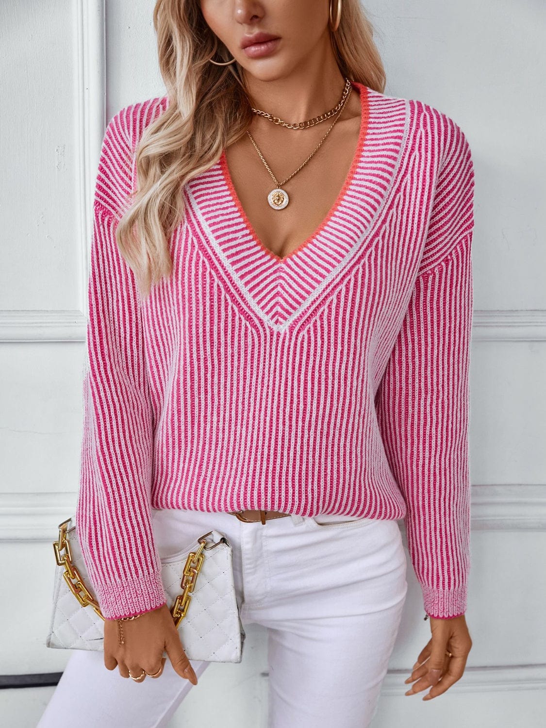 Striped V-Neck Long Sleeve Sweater - Trendsi