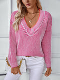 Striped V-Neck Long Sleeve Sweater - Trendsi