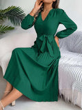 Pleated Tied V-Neck Long Sleeve Dress - Trendsi - Flyclothing LLC