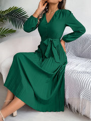 Pleated Tied V-Neck Long Sleeve Dress - Trendsi