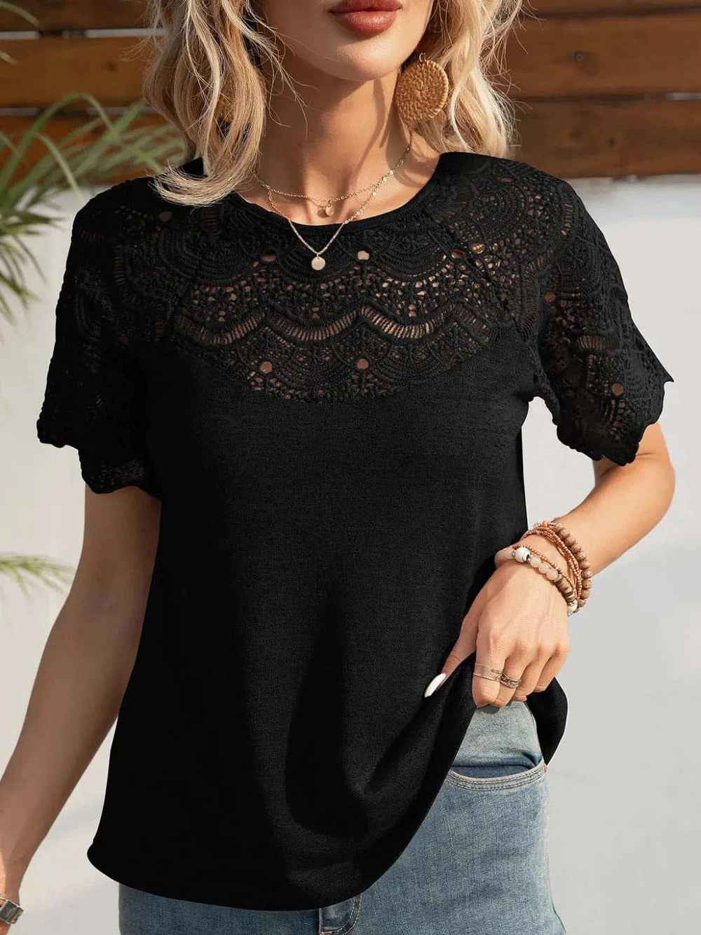 Round Neck Short Sleeve Crochet Top - Trendsi - Flyclothing LLC