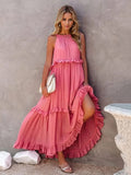 Ruffled Sleeveless Tiered Maxi Dress with Pockets - Trendsi