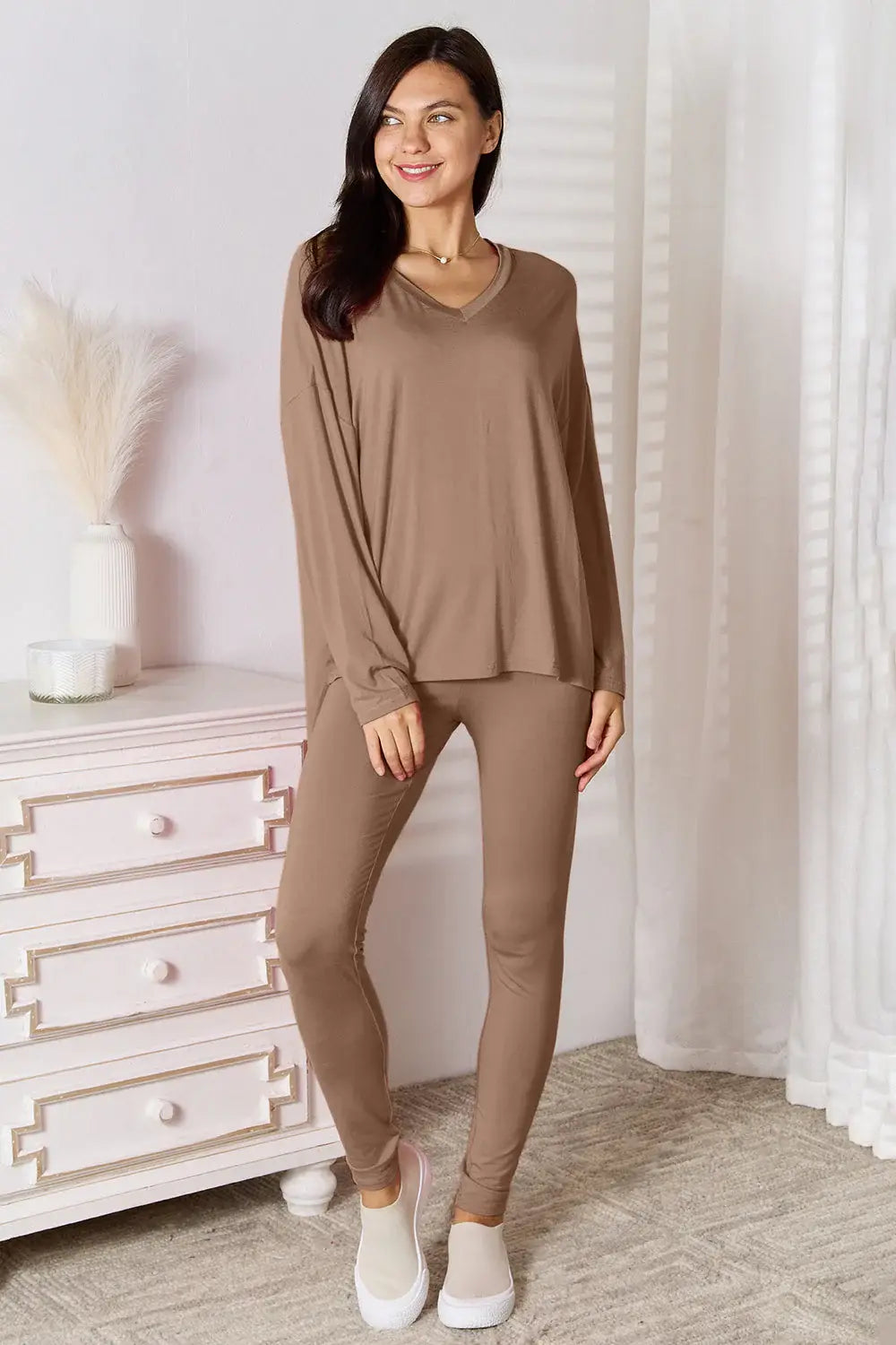 Basic Bae Full Size V-Neck Soft Rayon Long Sleeve Top and Pants Lounge Set - ShopBasicbae - Flyclothing LLC