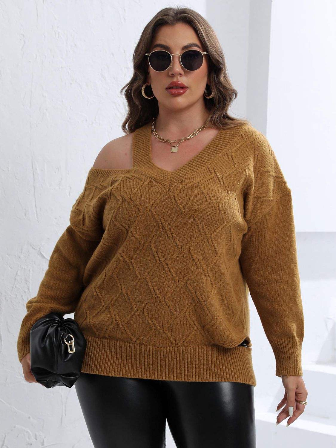Plus Size Cutout V-Neck Sweater - Trendsi - Flyclothing LLC