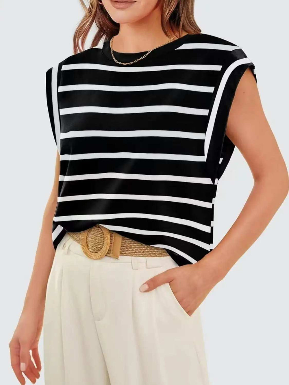 Florira Striped Round Neck Cap Sleeve T-Shirt - Trendsi - Flyclothing LLC