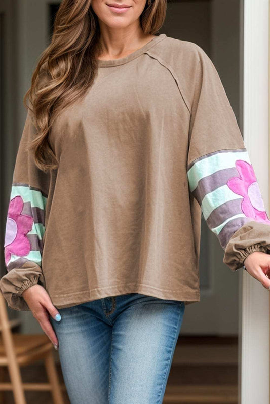 Plus Size Flower Round Neck Long Sleeve Blouse - Trendsi - Flyclothing LLC