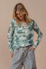 BiBi Variegated Tie Dye Rib V-Neck Top with Strapped - Trendsi - Flyclothing LLC