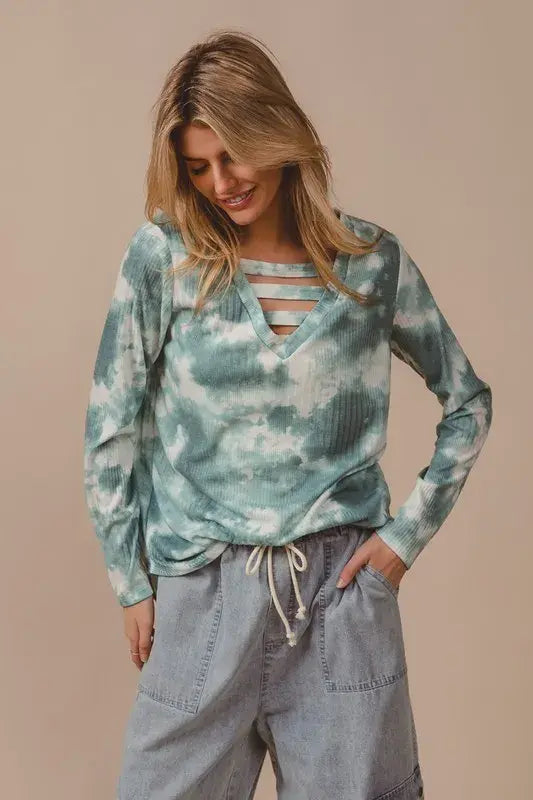 BiBi Variegated Tie Dye Rib V-Neck Top with Strapped - Trendsi - Flyclothing LLC