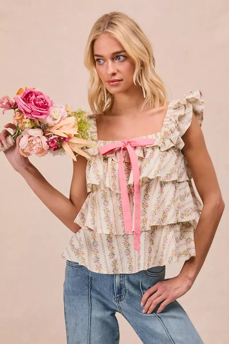 BiBi Floral Printed Woven Front Bow Tied Ruffled Square Neck Sleeveless Top - Trendsi - Flyclothing LLC