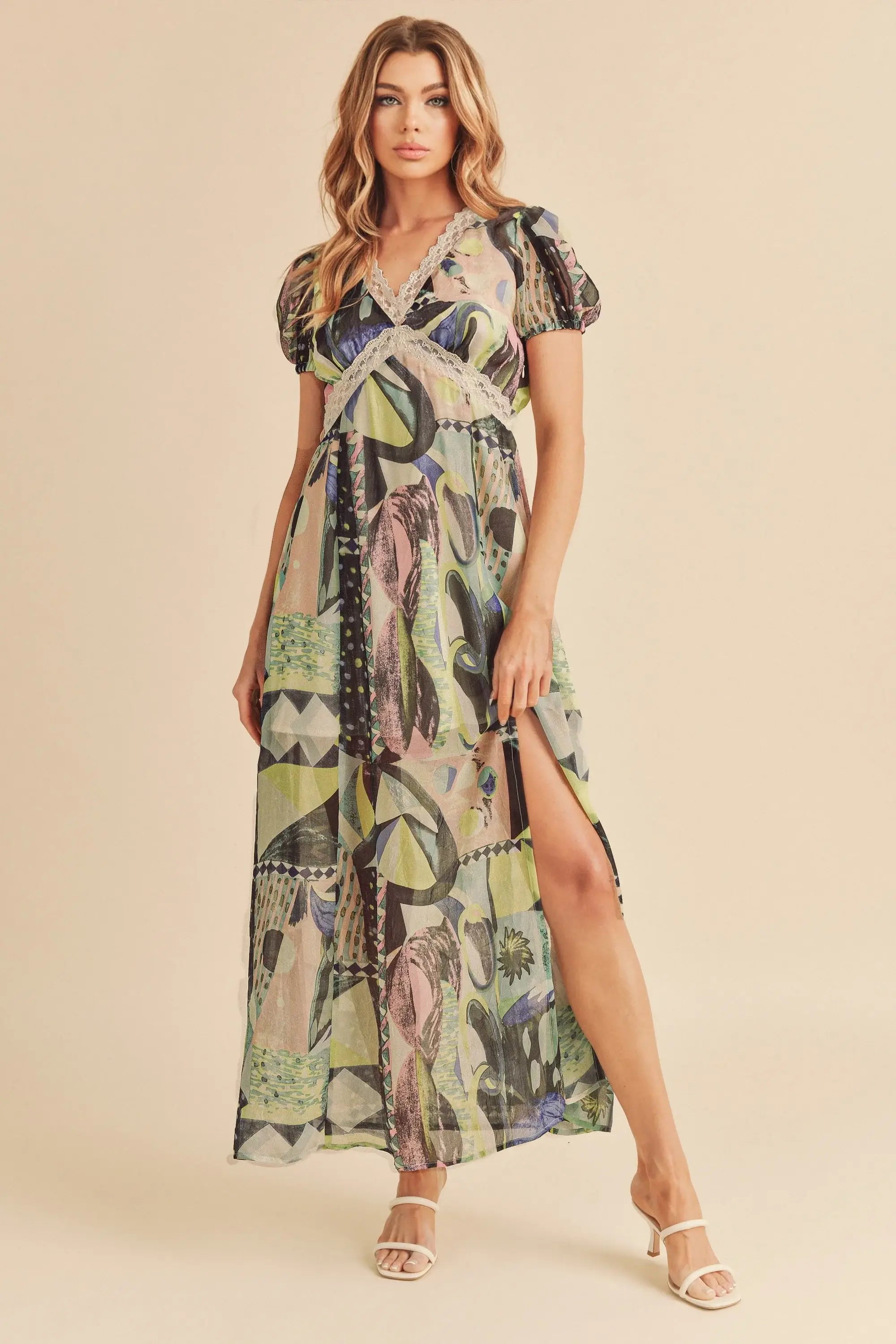 Aemi + Co Lace Detail Slit Geometric Print Short Sleeve Maxi Dress - Trendsi - Flyclothing LLC