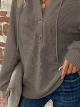 Waffle Knit Button Detail Hoodie - Trendsi - Flyclothing LLC