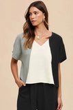 Annie Wear Color Block Cotton Gauze V-Neck Top - Trendsi