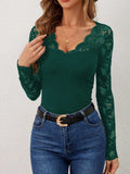 Lace Wavy Hem V-Neck Long Sleeve Top - Trendsi - Flyclothing LLC