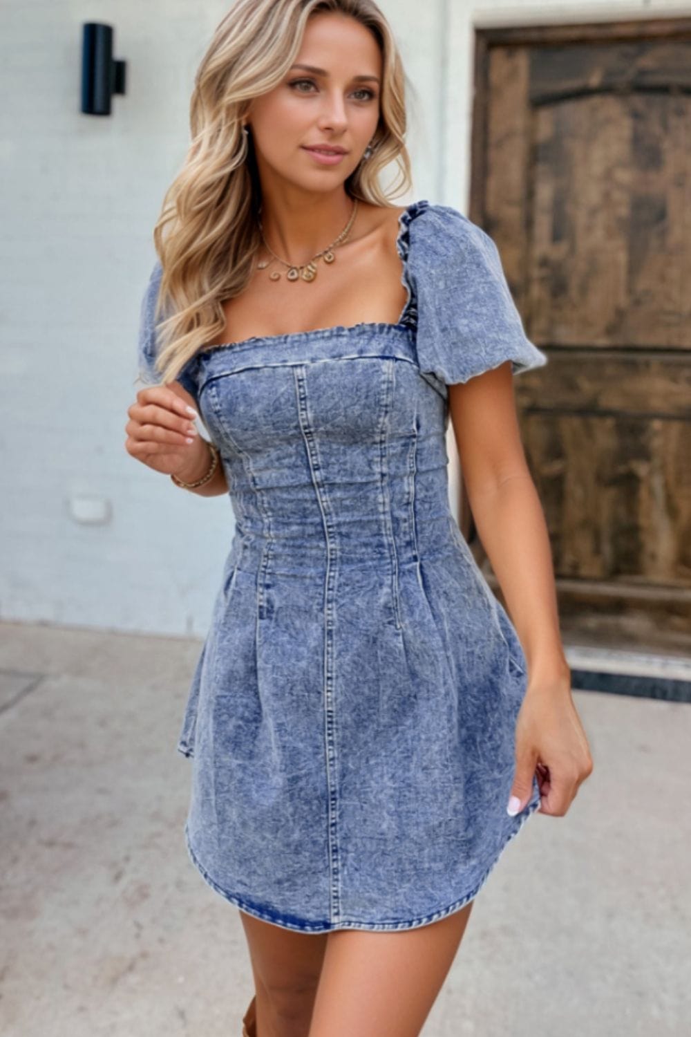 Tie Back Square Neck Puff Sleeve Denim Dress - Trendsi