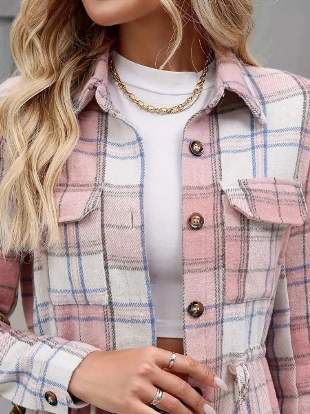 Drawstring Plaid Button Up Jacket with Chest Pockets - Trendsi - Flyclothing LLC