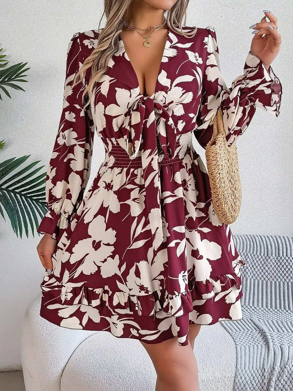 Tied Ruffled Printed Long Sleeve Dress - Trendsi - Flyclothing LLC