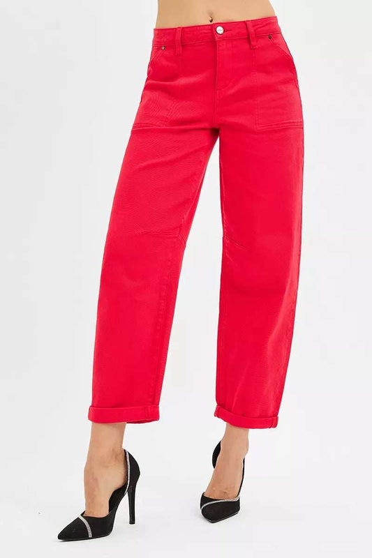 RISEN High Rise Ankle Cuffed Barrel Pants - Trendsi - Flyclothing LLC