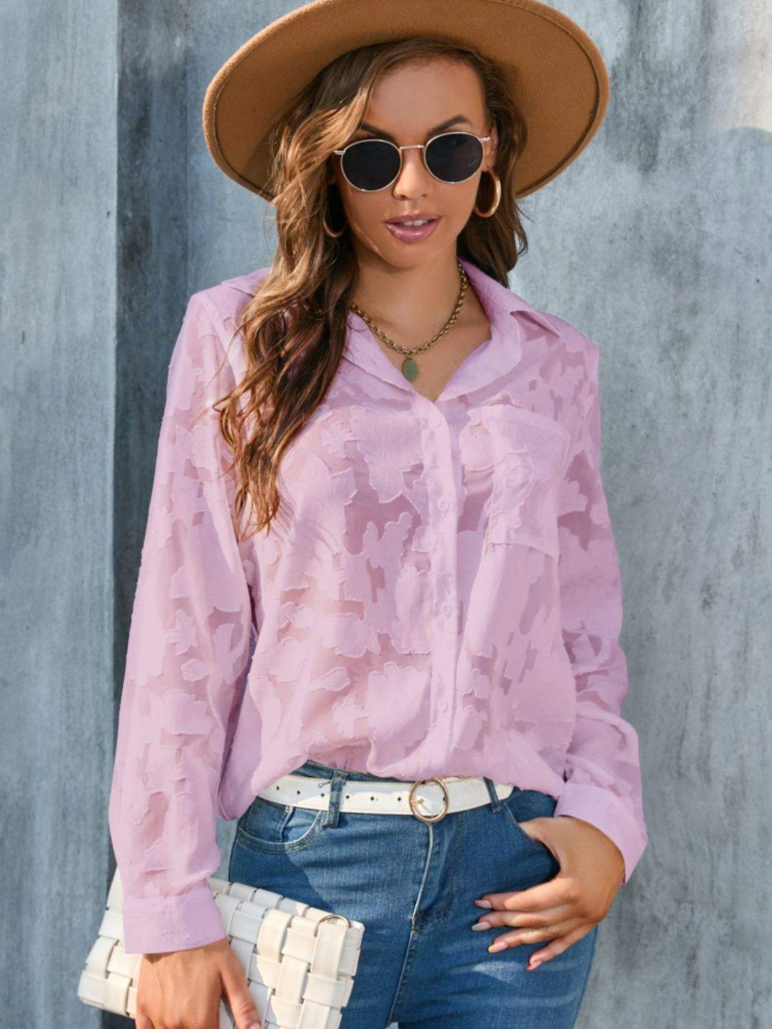 Full Size Collared Neck Long Sleeve Shirt Plus Size - Trendsi - Flyclothing LLC