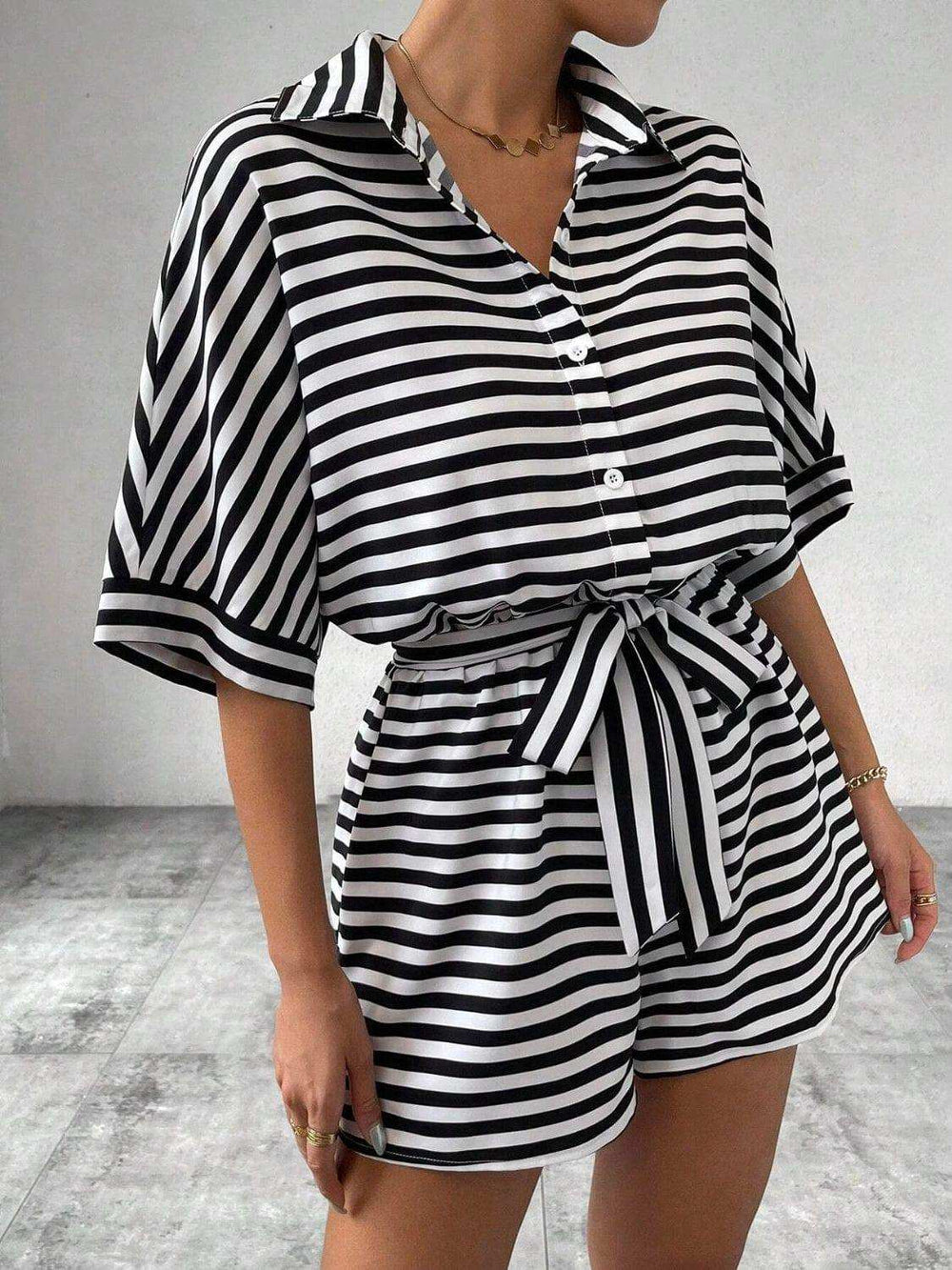 Tie Waist Half Button Striped Romper - Trendsi - Flyclothing LLC
