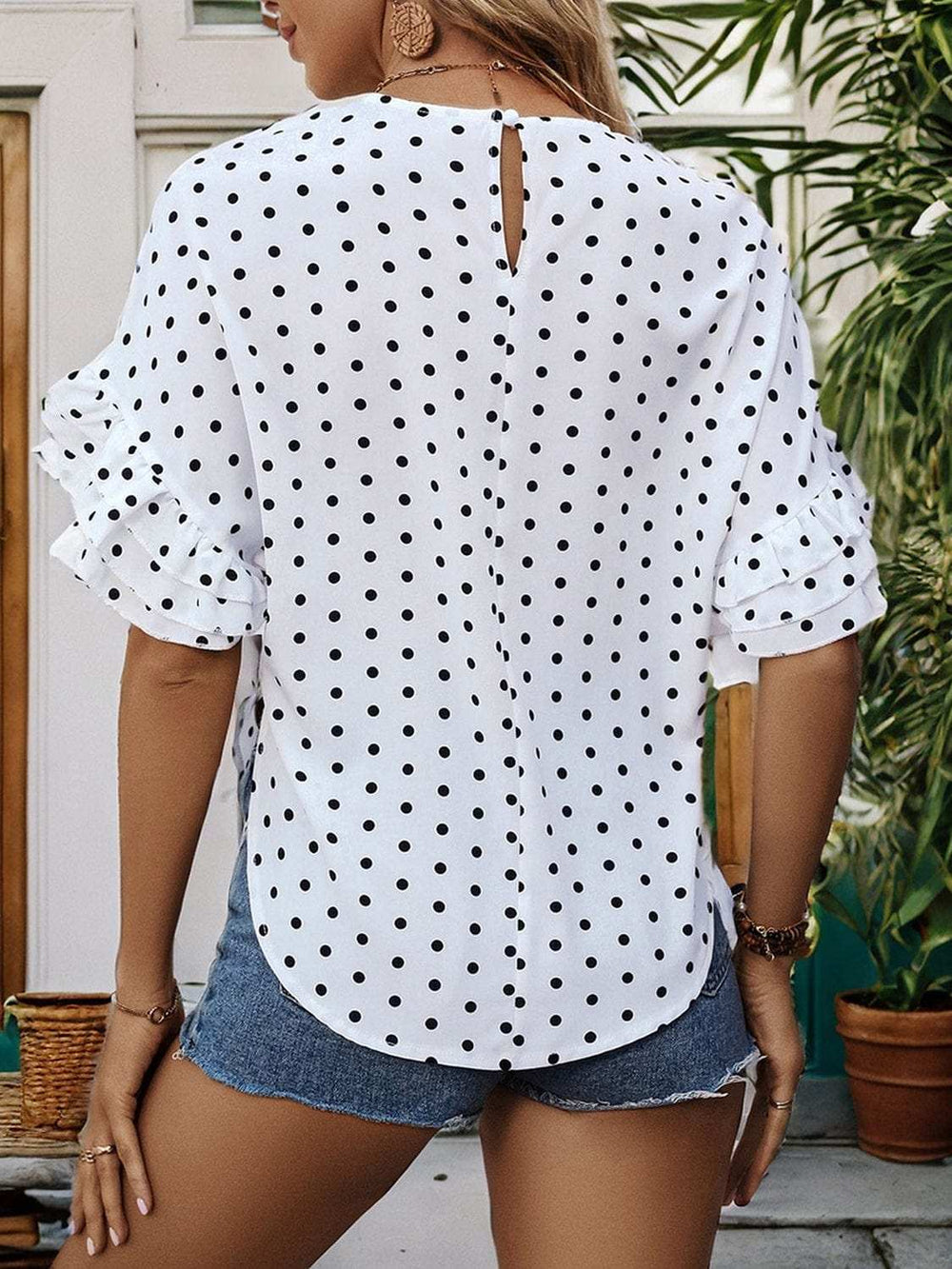 Slit Polka Dot Round Neck Half Sleeve Blouse - Trendsi - Flyclothing LLC