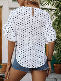Slit Polka Dot Round Neck Half Sleeve Blouse - Trendsi