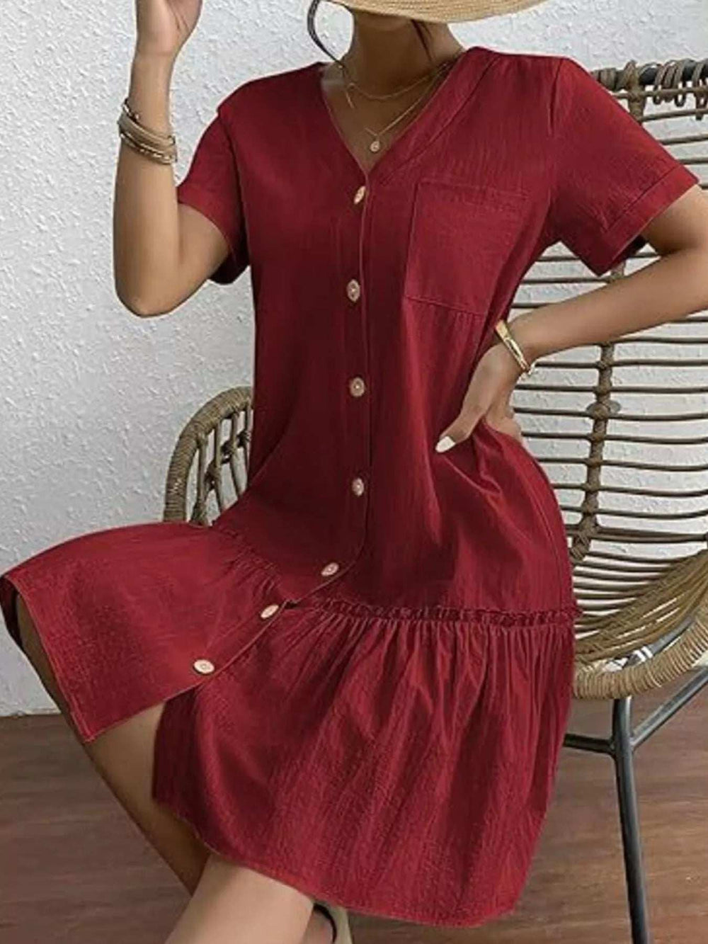 Full Size Button-Front Short Sleeve Tiered Dress Plus Size - Trendsi - Flyclothing LLC