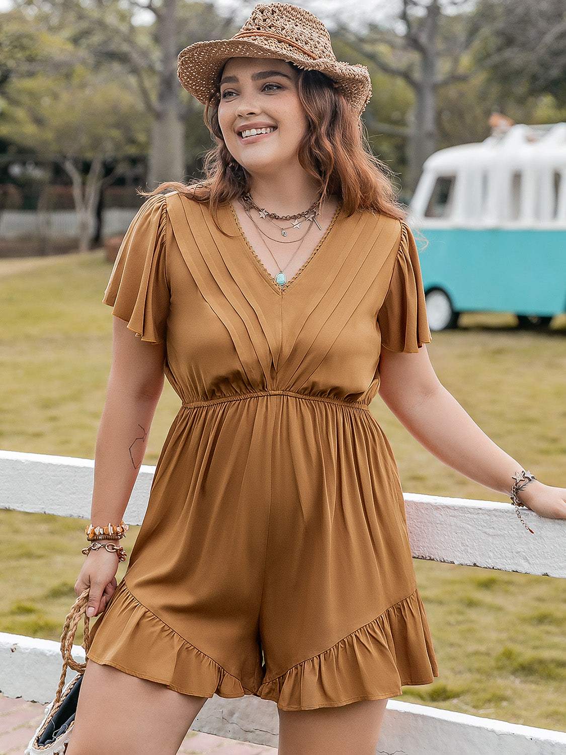 Plus Size Ruffled V-Neck Short Sleeve Romper - Trendsi - Flyclothing LLC