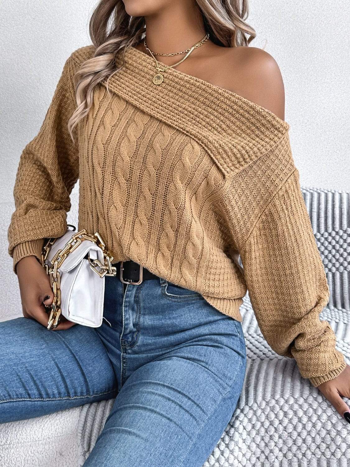Cable-Knit One Shoulder Long Sleeve Sweater - Trendsi - Flyclothing LLC