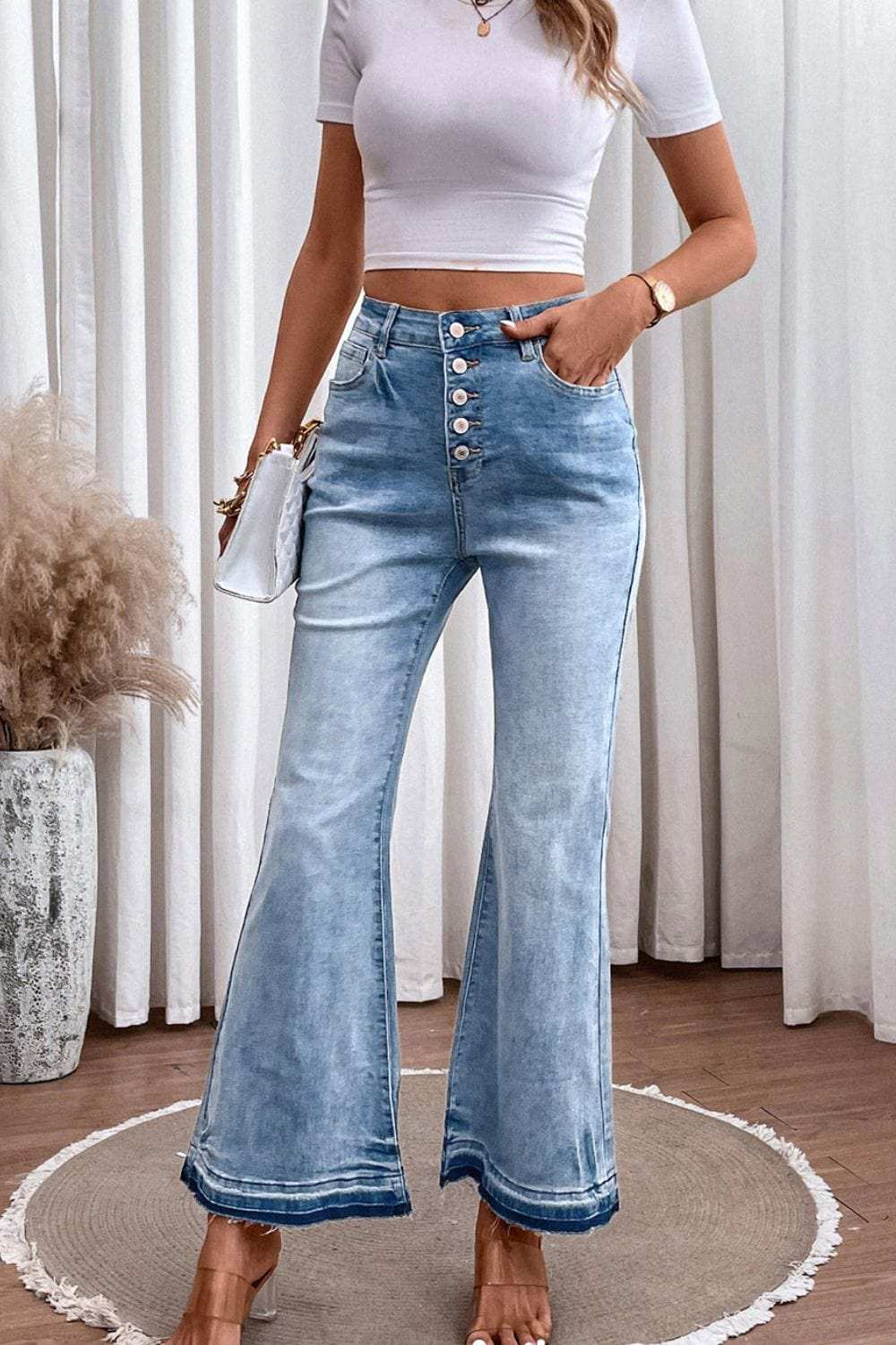 High Waist Button Fly Flared Jeans - Trendsi - Flyclothing LLC