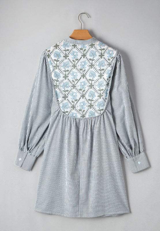 Tied Floral Printed Striped Long Sleeve Dress - Trendsi - Flyclothing LLC