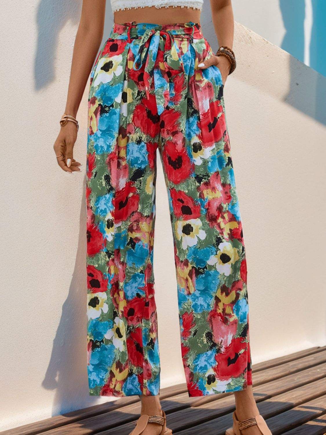 Tied Printed Wide Leg Pants - Trendsi - Flyclothing LLC