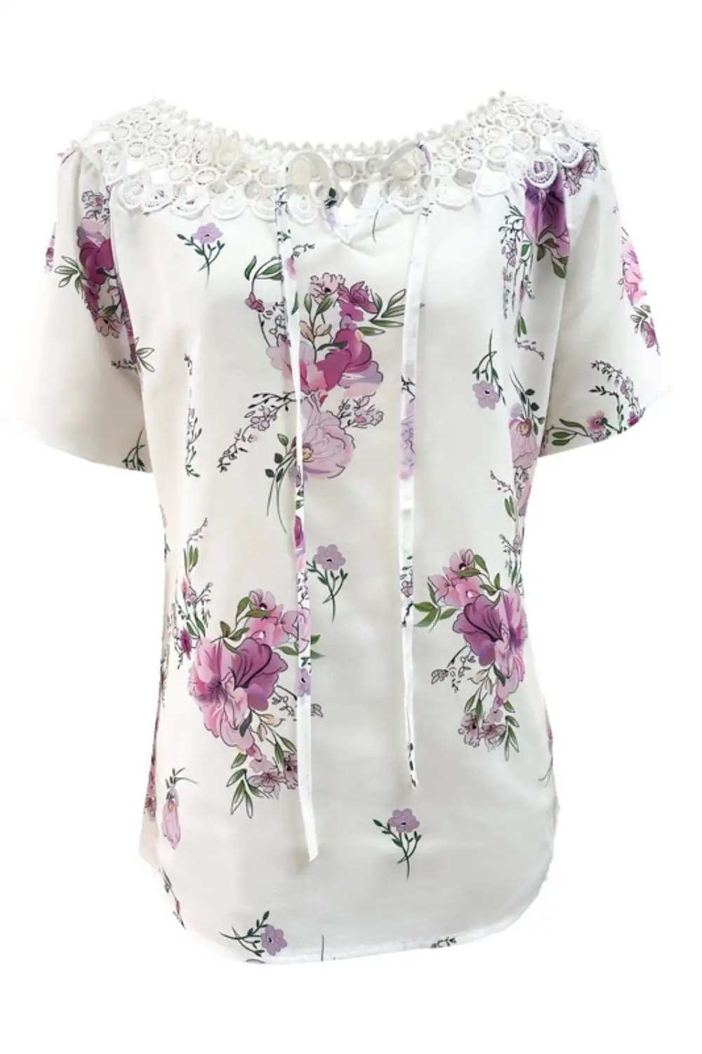 Full Size Printed Tie Neck Short Sleeve Blouse - Trendsi - Flyclothing LLC