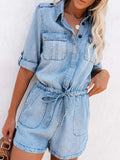 Drawstring Half Button Half Sleeve Denim Romper - Trendsi