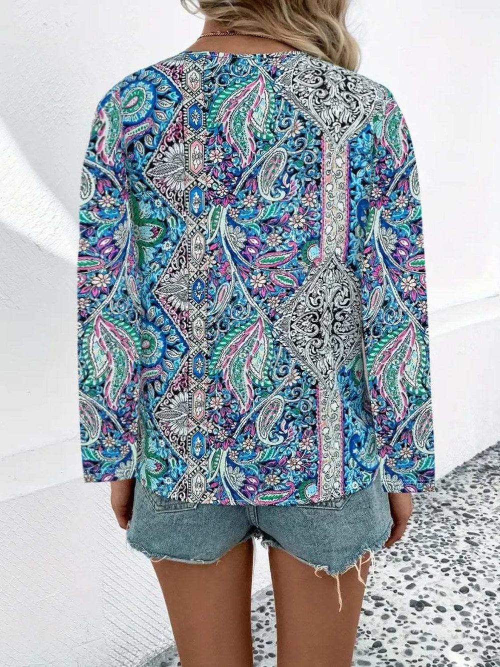 Printed V-Neck Long Sleeve Blouse - Trendsi - Flyclothing LLC