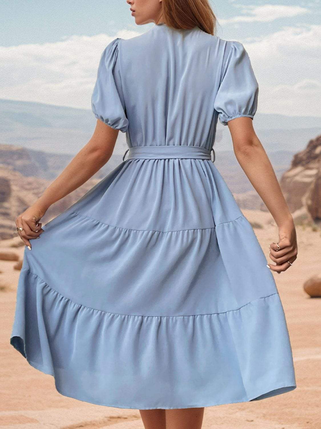 Tie Waist Puff Sleeve Midi Dress - Trendsi - Flyclothing LLC