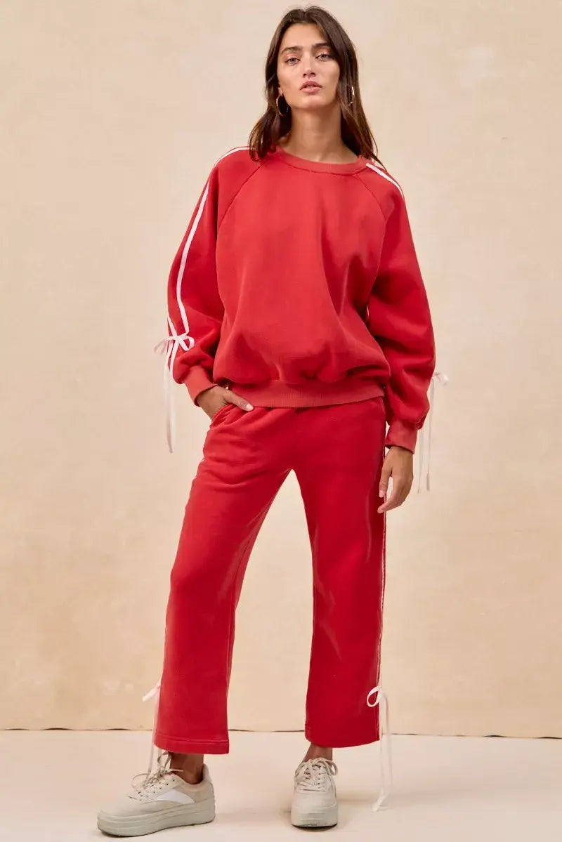 BiBi Side Lined Bow Details Fleece Sweatshirt - Trendsi - Flyclothing LLC