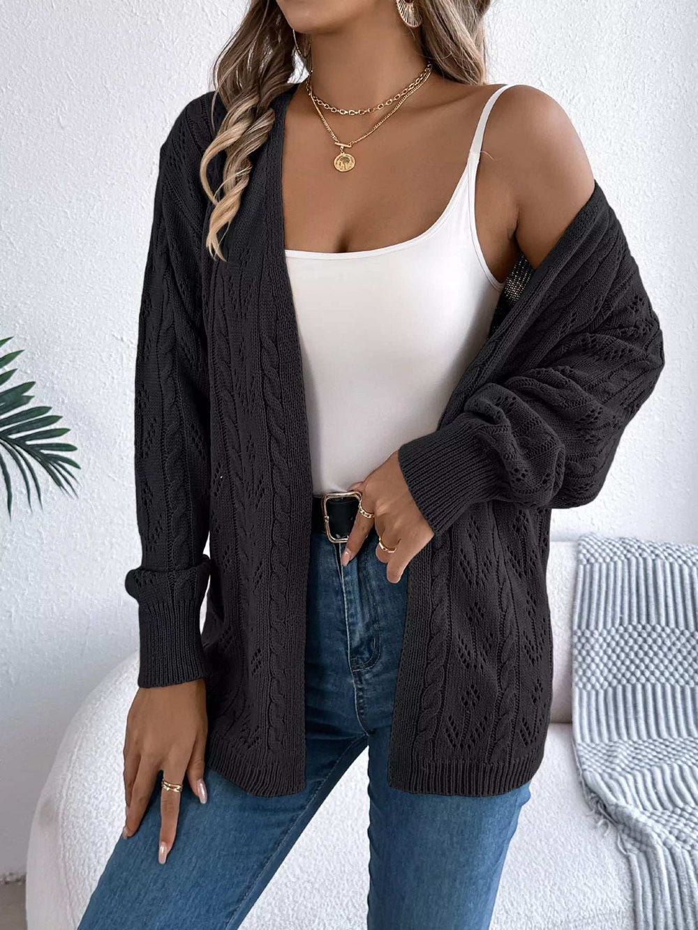 Openwork Open Front Long Sleeve Cardigan - Trendsi - Flyclothing LLC